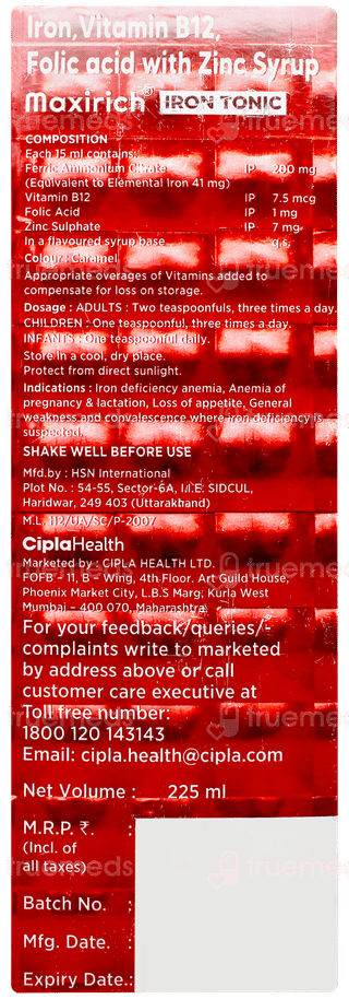 Maxirich Iron Tonic Orange Flavour Syrup 225ml