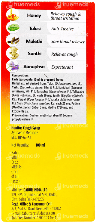 Dabur Honitus Herbal Cough Remedy Syrup 100Ml With Honitus Hot Sip 4Gm Sachet Free