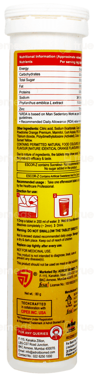 Escor Z Orange Flavour Sugar Free Effervescent Tablet 20