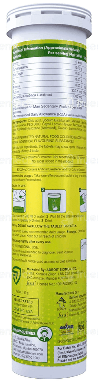 Escor Z Lime And Lemon Flavour Sugar Free Effervescent Tablet 20