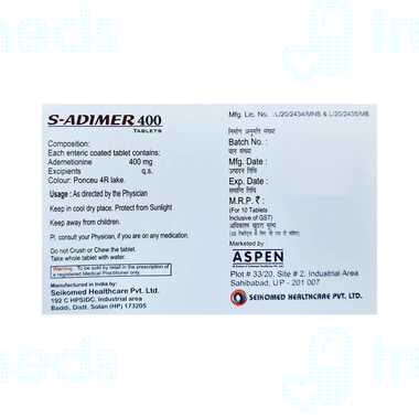 S Adimer 400 Mg Tablet 10 - Uses, Side Effects, Dosage, Price | Truemeds