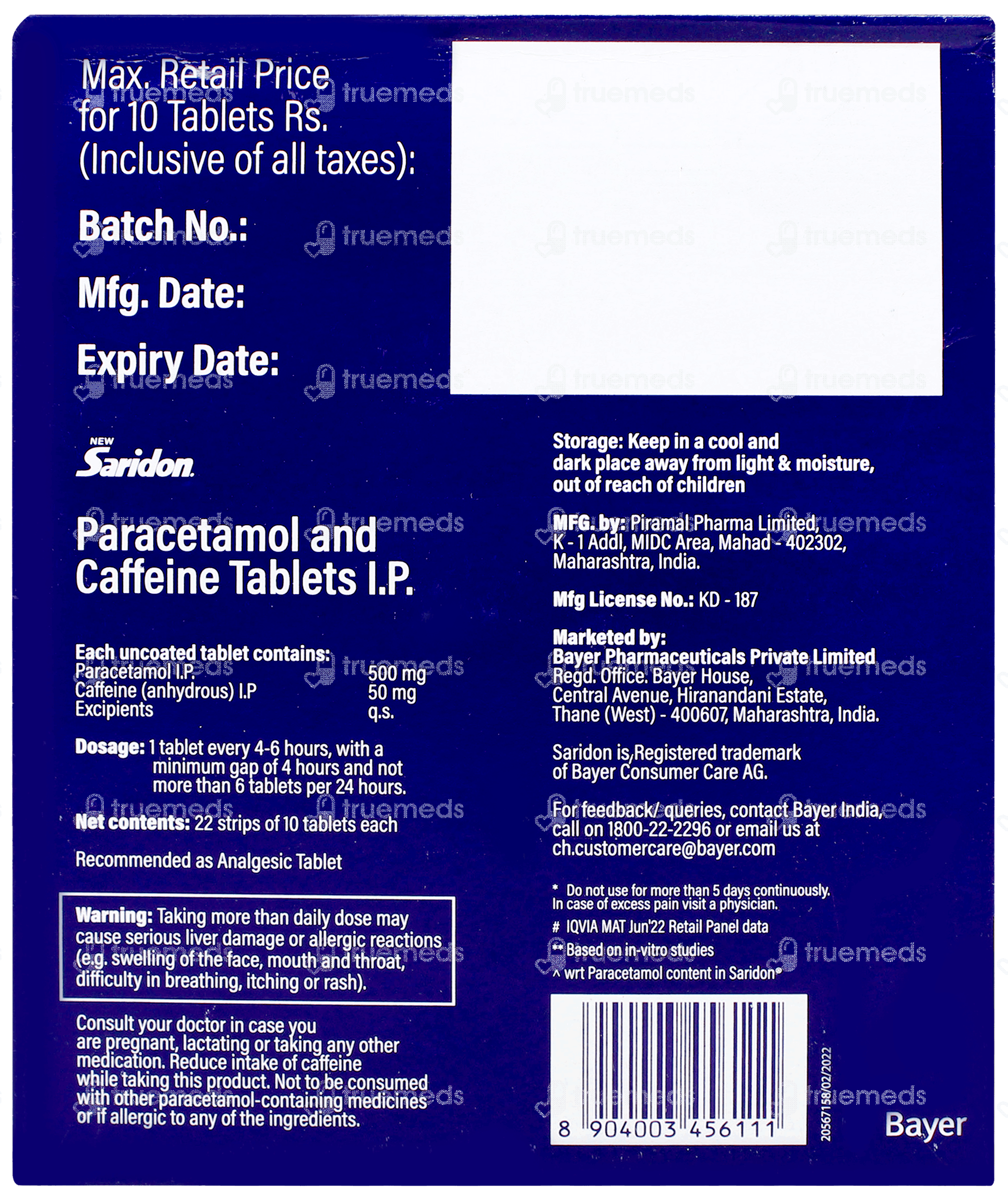 New Saridon Tablet 10 - Uses, Side Effects, Dosage, Price | Truemeds
