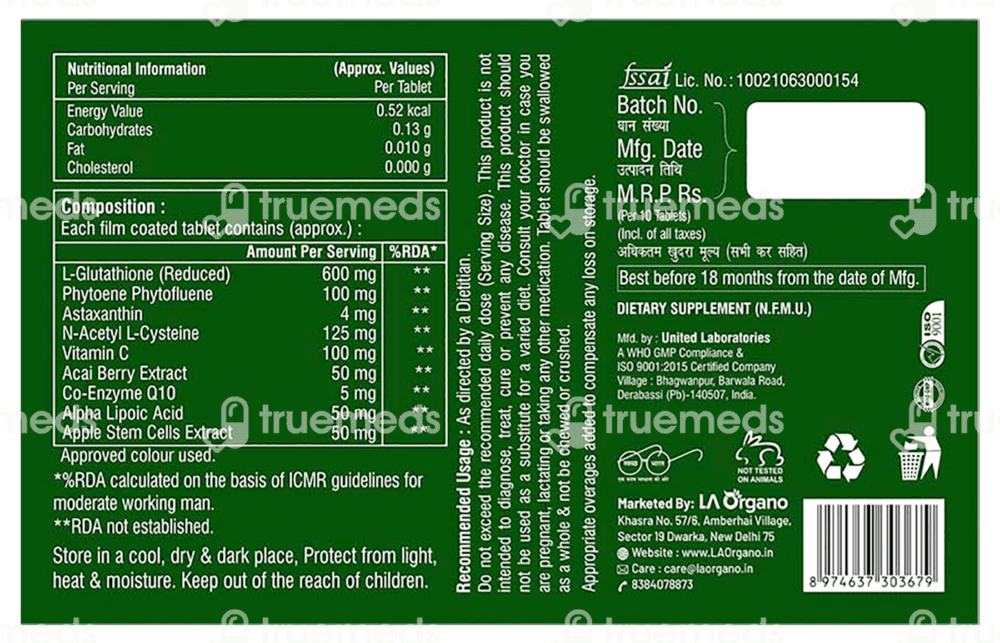 La Organo L Glutathione 600 Mg Reduced Tablet 10 Pack Of 3 - Uses, Side  Effects, Dosage, Price
