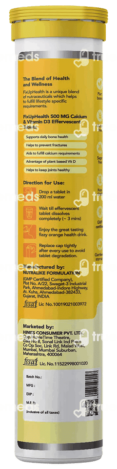 Fixuphealth Calcium & Vitamin D3 Orange Flavour Effervescent Tablet 20