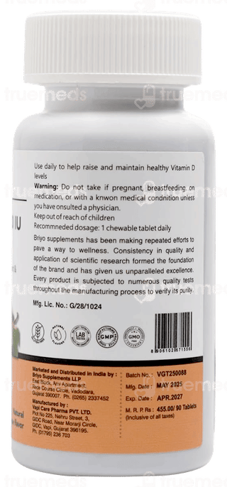 Briyo Vitamin D3 2000 Iu Natural Grape Flavour Chewable Tablet 90