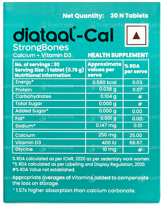 Diataal Cal Strongbones Calcium With Vit D3 Active Absorbable Calcium Strong Bones 30 Tablets Bottle