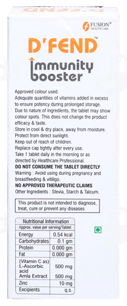 D Fend Immunity Booster Orange Flavour Sugar Free Effervescent Tablet 20
