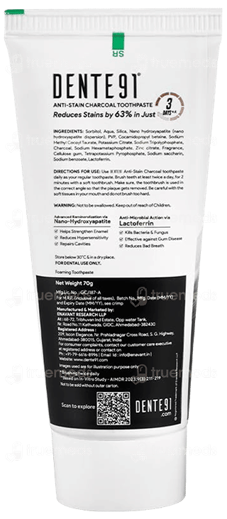 Dente 91 Anti Stain Charcol Cool Mint Toothpaste 70Gm