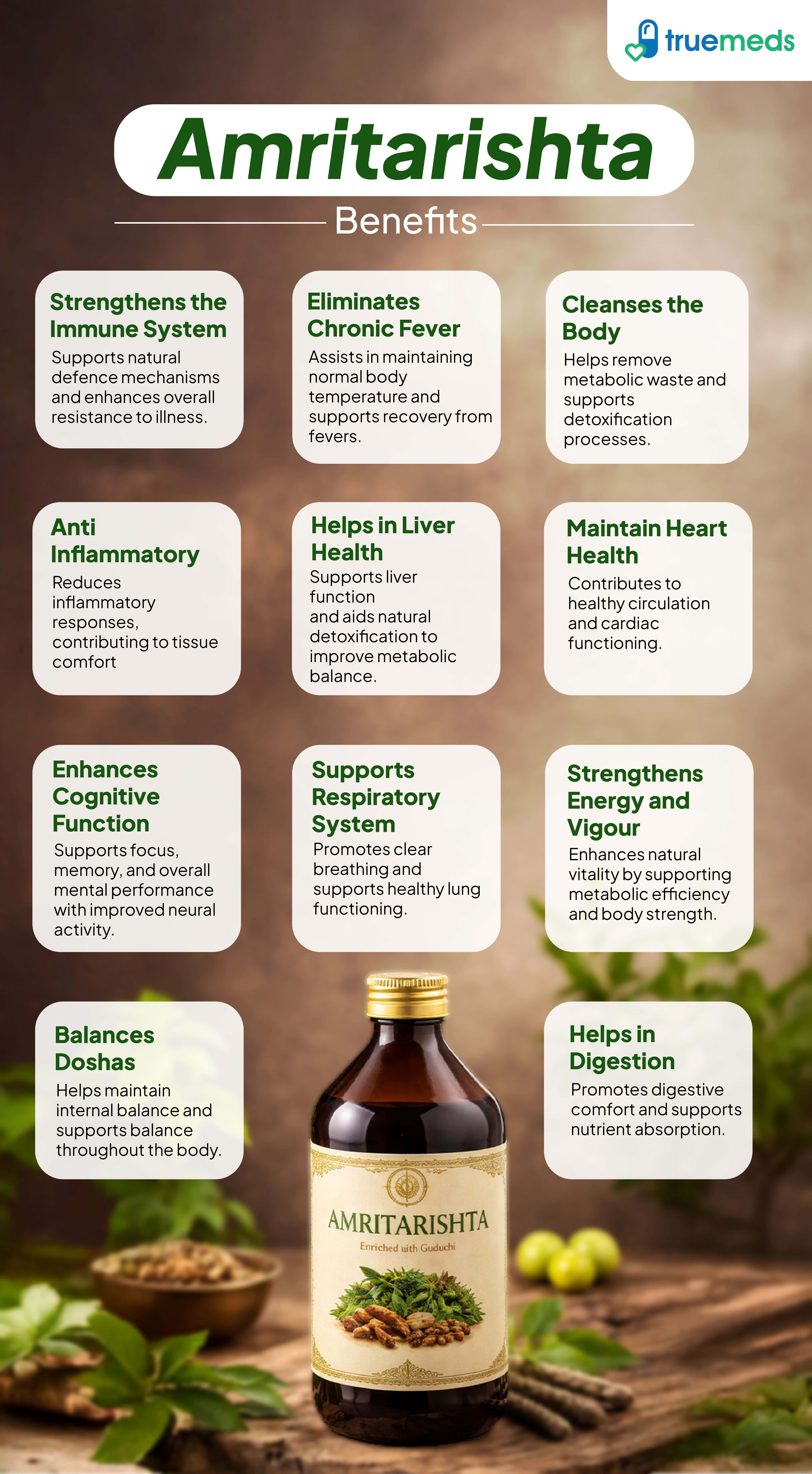 An infographic highlighting amritarishta benefits for immunity digestion energy liver health support