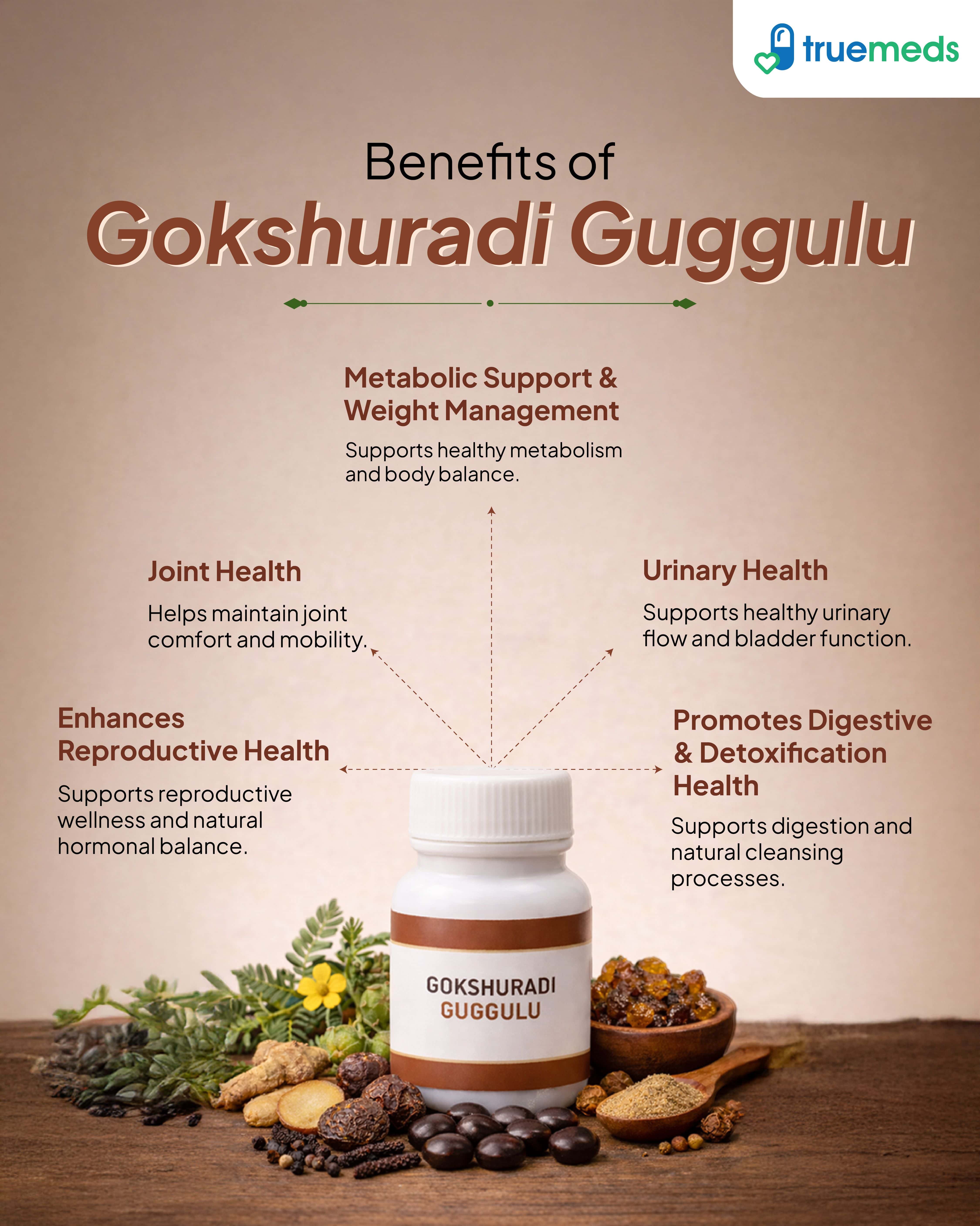 An infographic highlighting gokshuradi guggulu benefits for metabolism, digestion and gut health.
