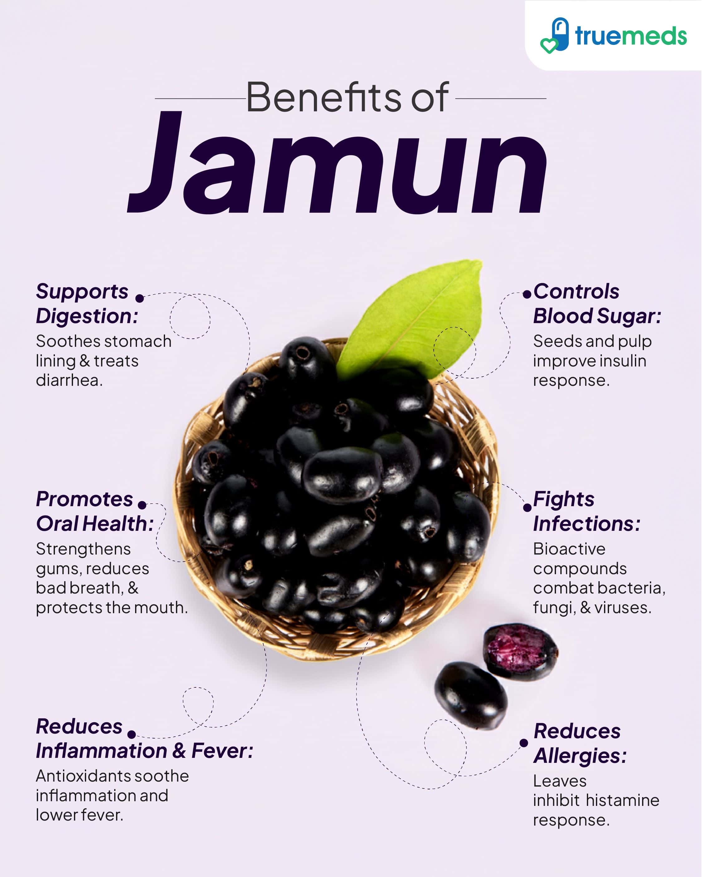 An infographic showing benefits of jamun for digestion, blood sugar control, oral health, infection defense, inflammation relief, and allergies.