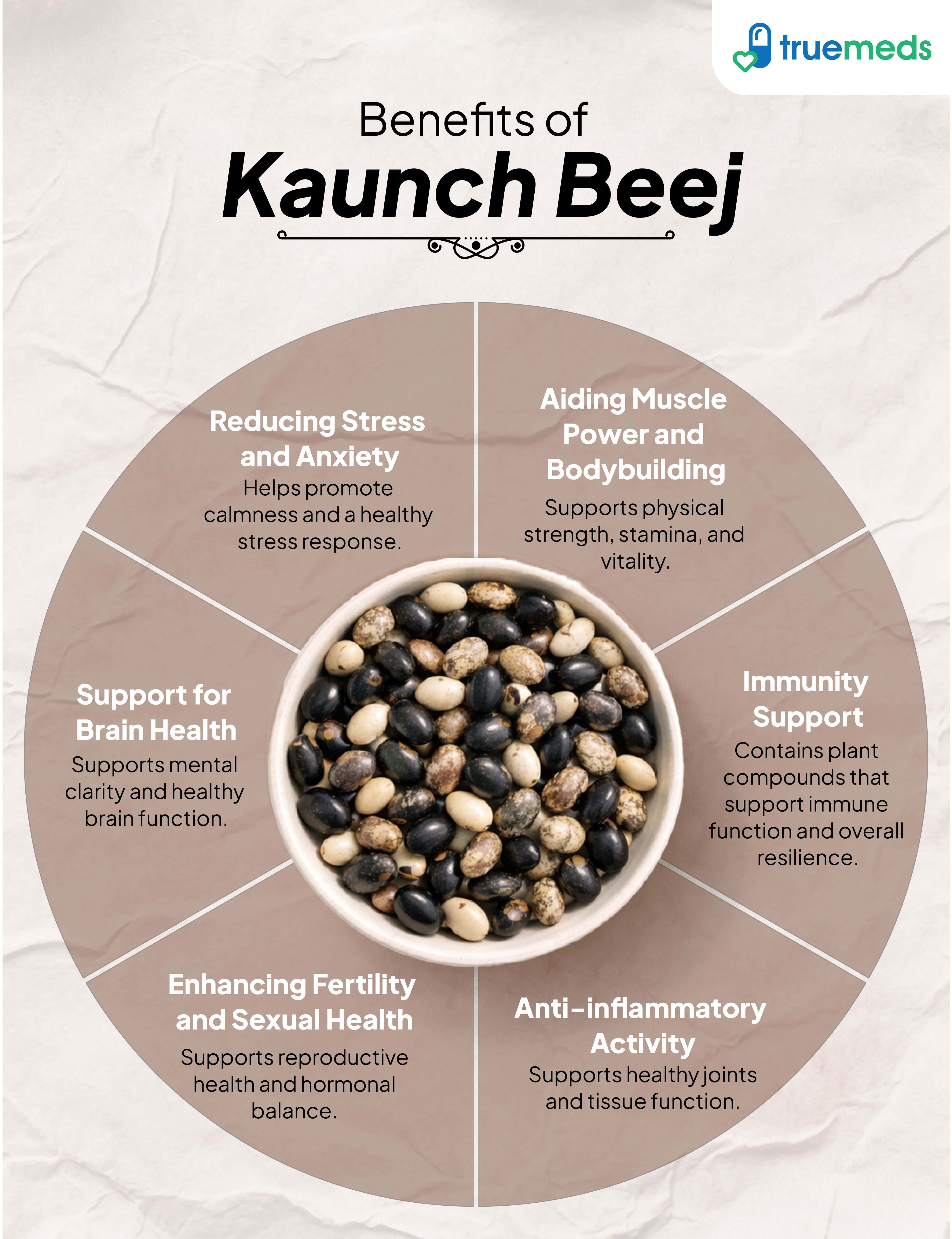 An infographic highlighting Kaunch Beej benefits for stress relief strength immunity brain fertility