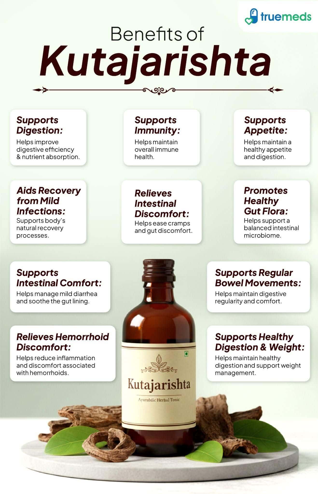 An infographic highlighting kutajarishta benefits for digestion, gut health, immunity, bowel comfort