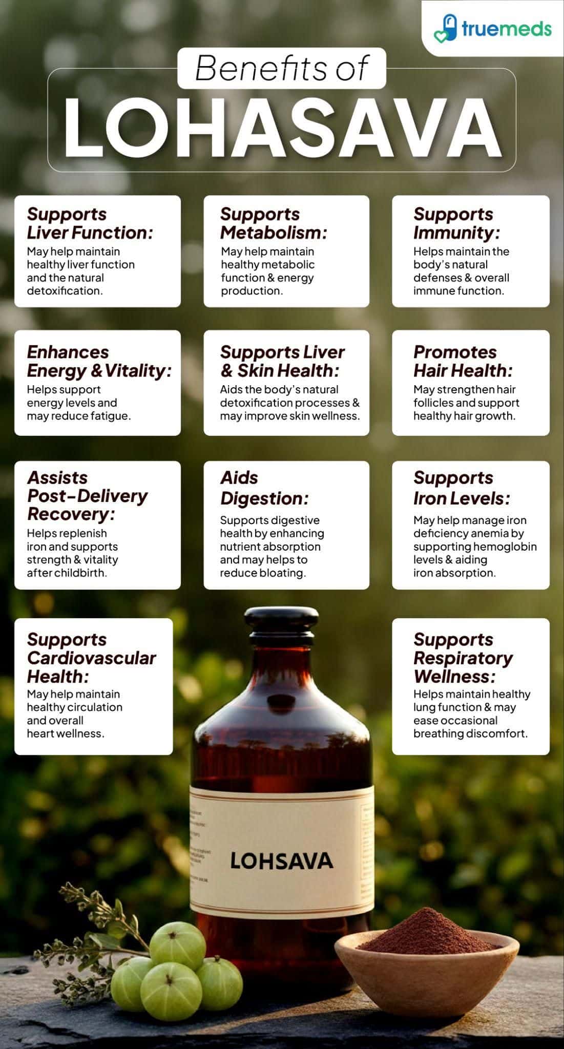 An infographic highlighting lohasava benefits for iron levels, digestion, immunity, energy.