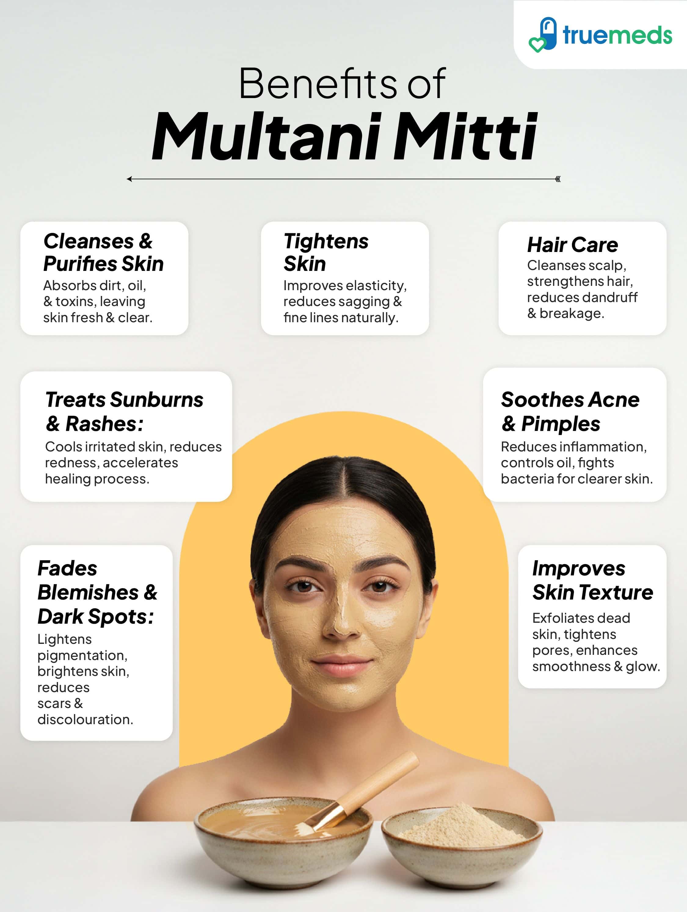 An infographic showing benefits of multani mitti for skin cleansing, acne control, texture improvement, sunburn relief, and hair care.