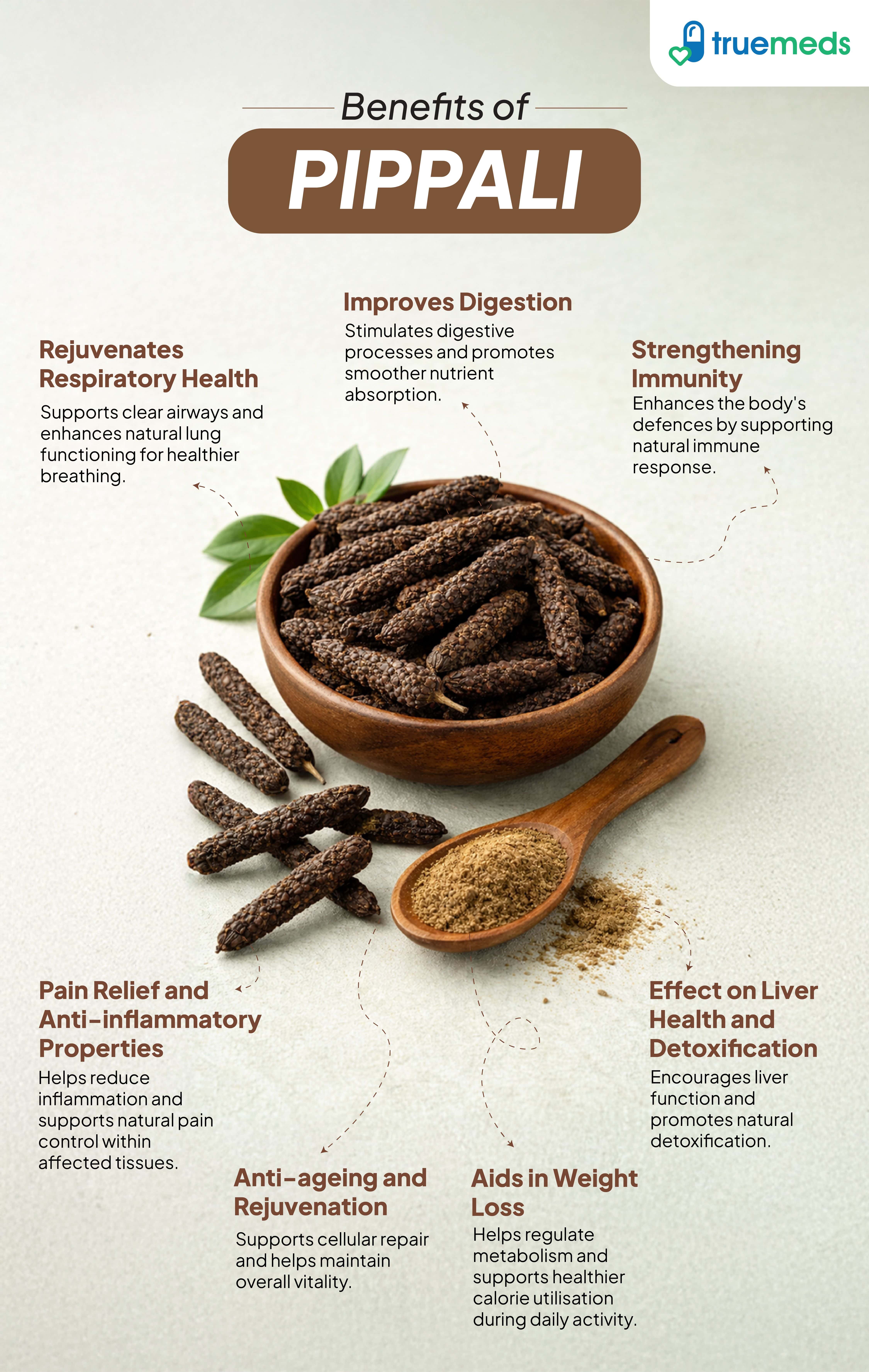 An infographic highlighting pippali benefits for digestion immunity respiration pain relief