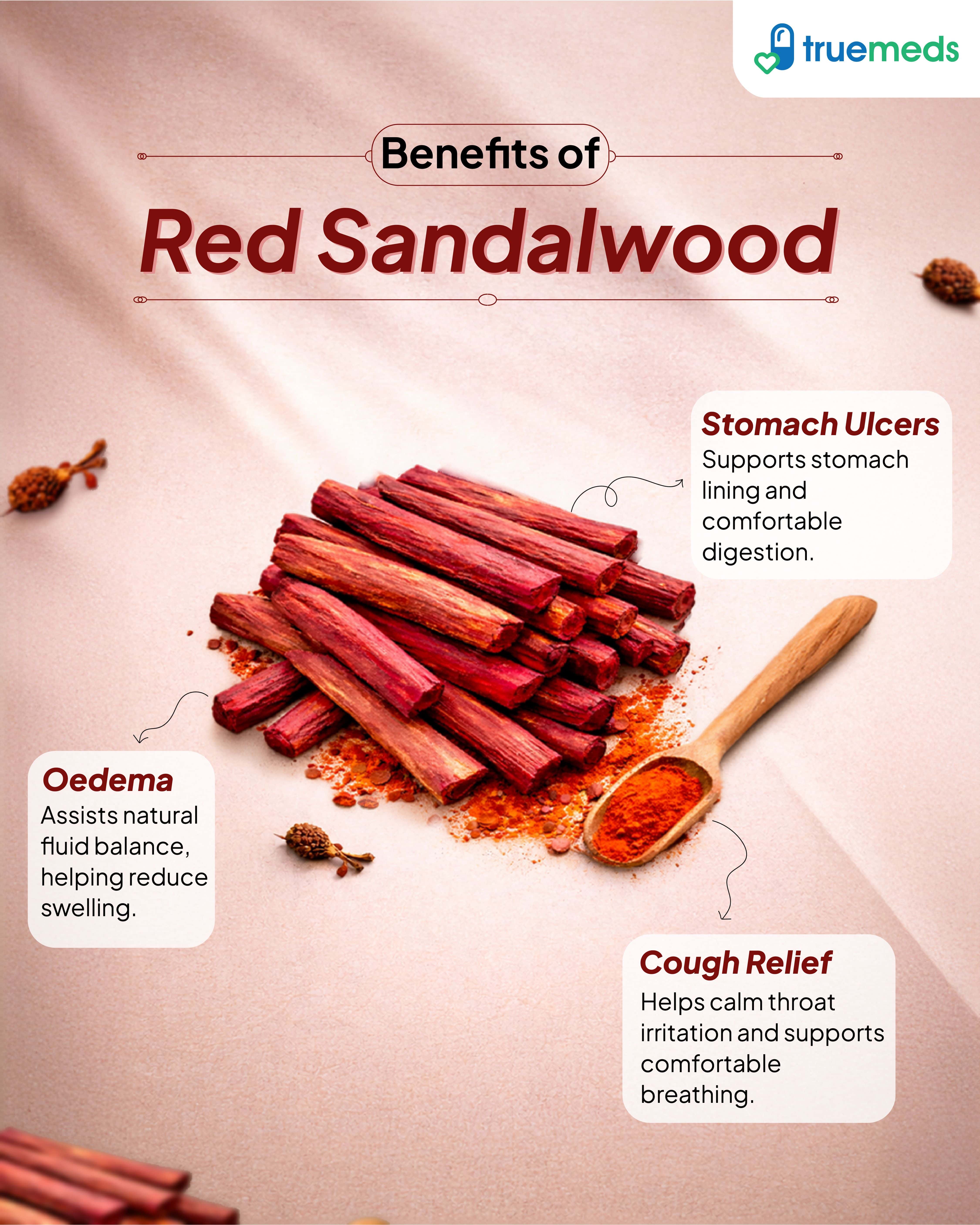 An infographic highlighting red sandalwood benefits for digestion, cough relief, ulcers and oedema .
