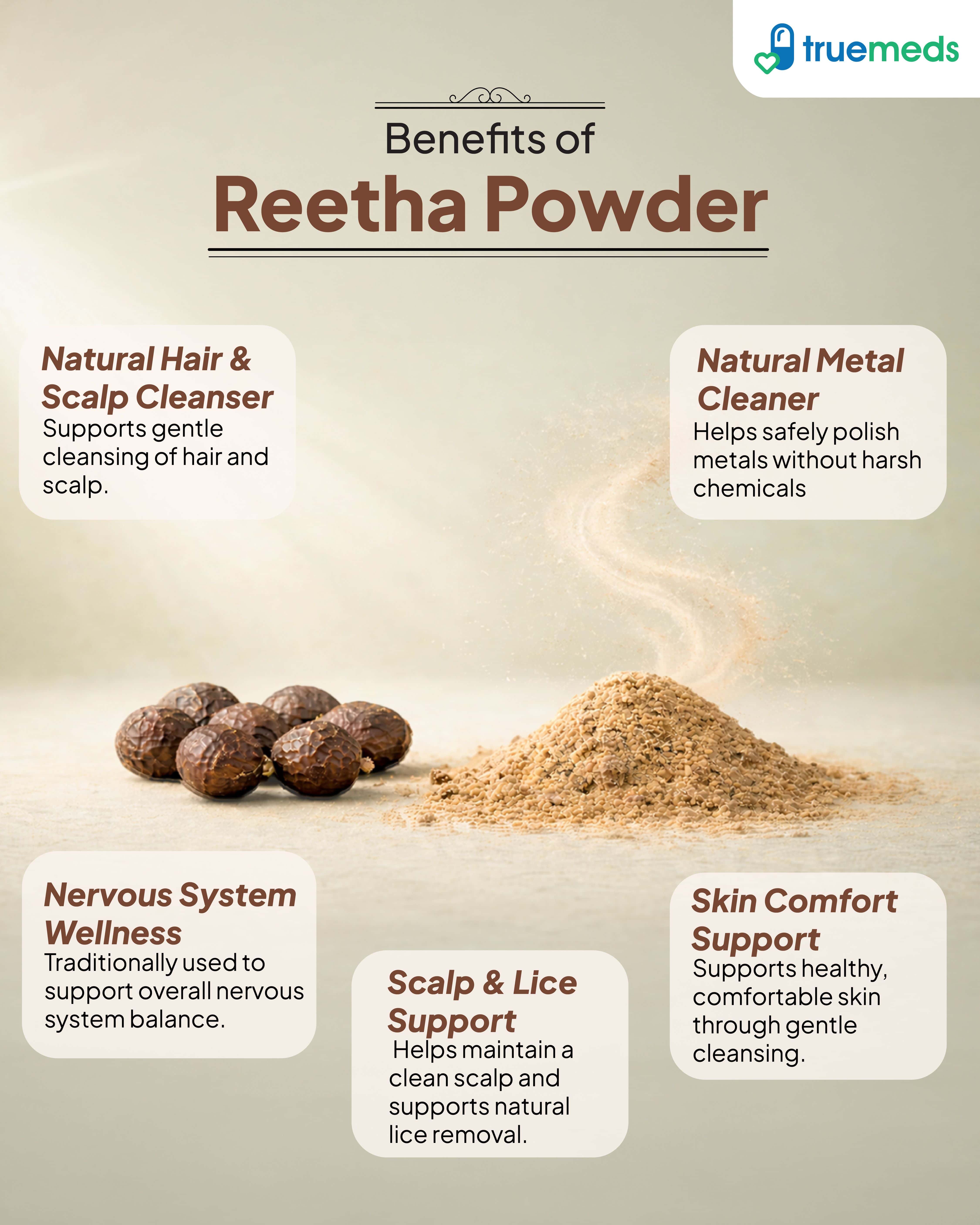 An infographic highlighting reetha powder benefits for hair scalp skin and natural cleansing use