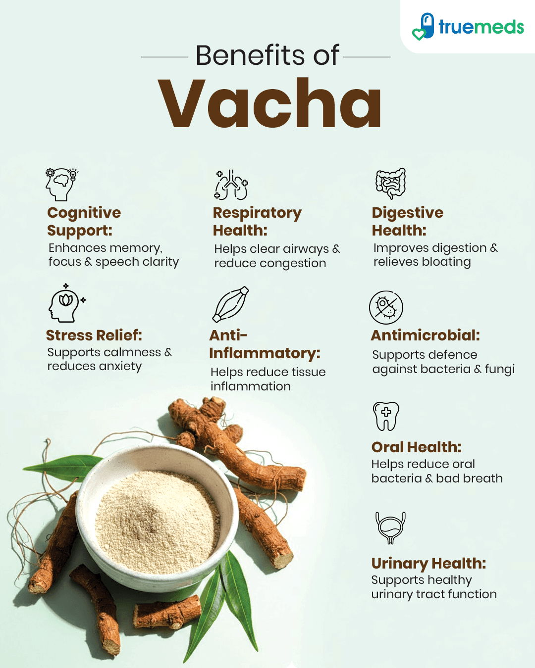 An infographic highlighting Vacha benefits for cognition, breathing, digestion, stress relief, immunity, and oral care too