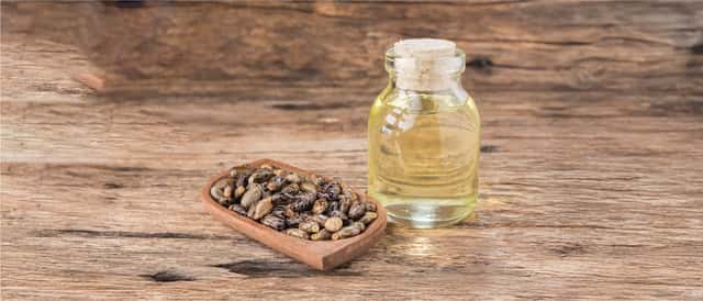 Castor seeds and a corked glass bottle of pale yellow castor oil placed on a rustic wooden surface – used in Ayurveda for joint pain, constipation relief, and hair nourishment