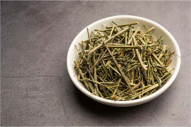 Chirata herb stems in a white bowl placed on a grey stone background, traditionally used in Ayurvedic remedies