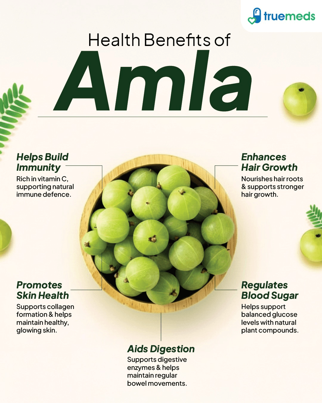 An infographic highlighting health benefits of amla, including immunity, digestion, skin, hair and blood sugar support