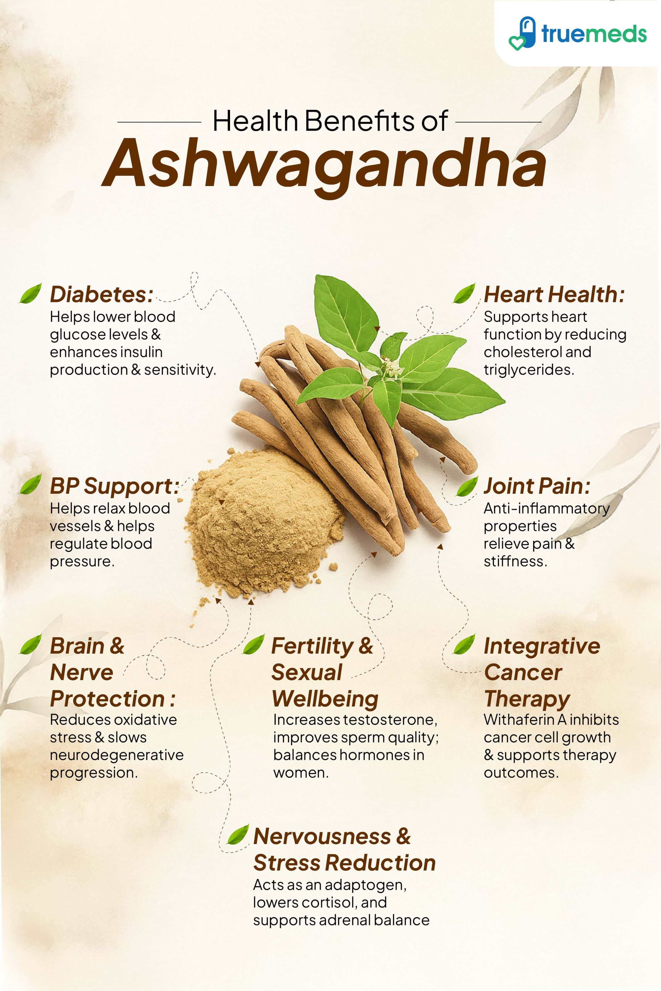 An infographic showing key health benefits of ashwagandha for stress, heart health, blood sugar, joints, brain, and fertility.