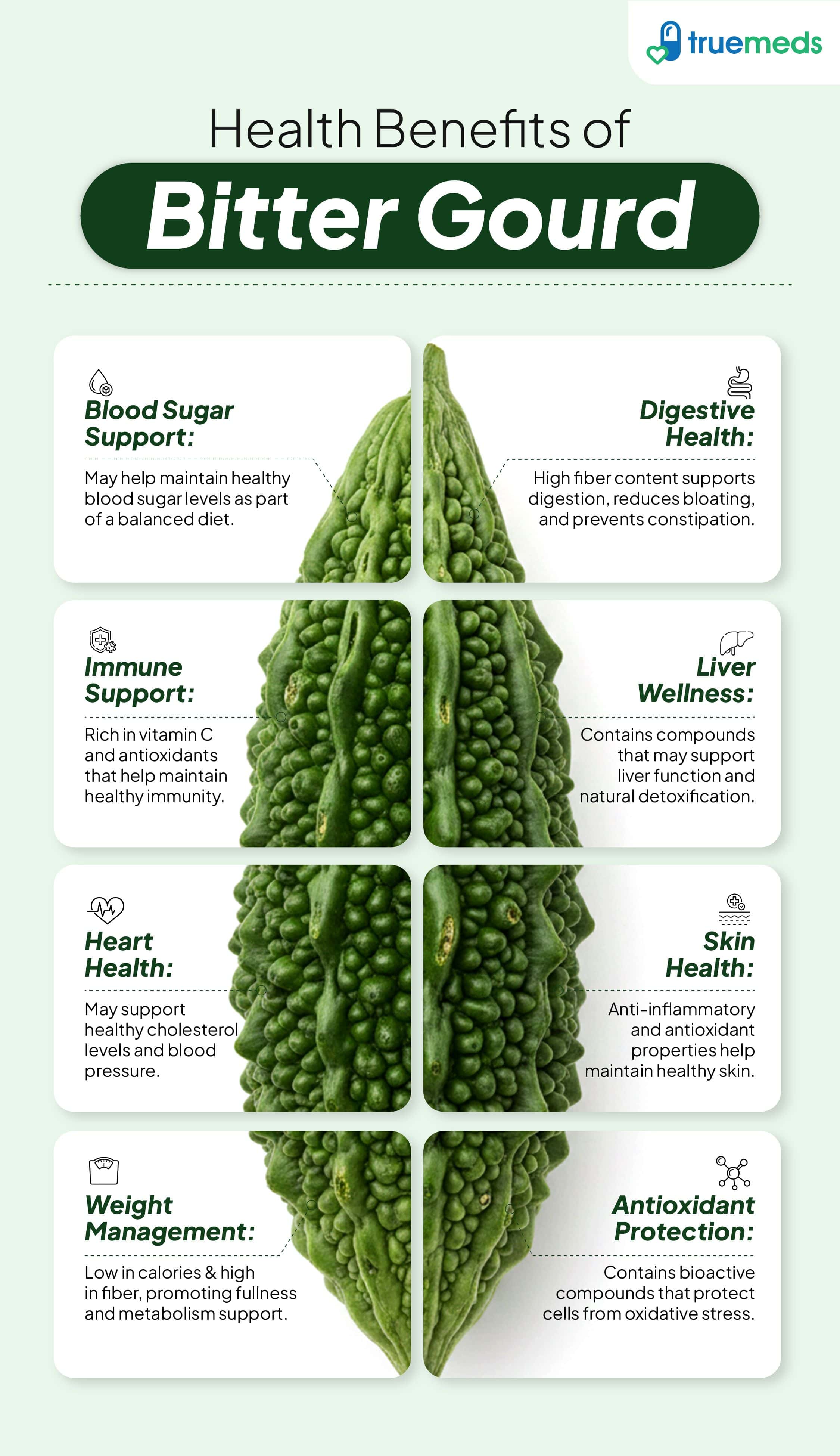 An infographic highlighting bitter gourd benefits for blood sugar, digestion, immunity, liver health, skin, and weight management