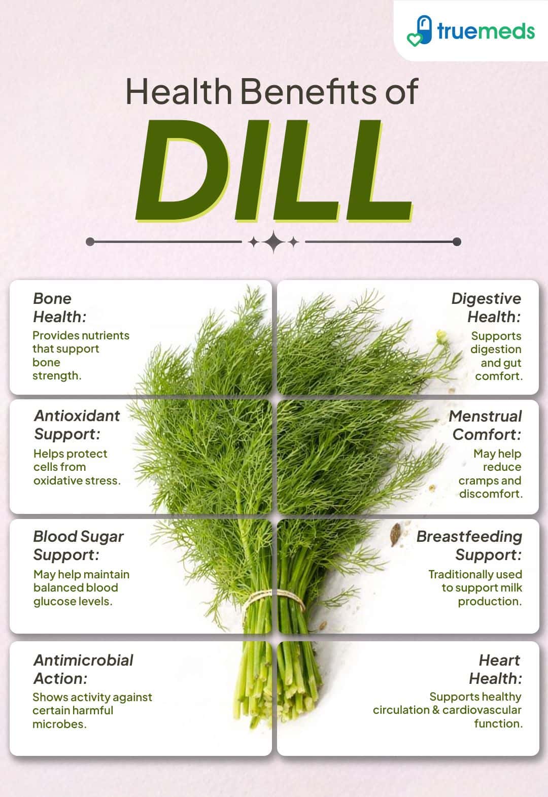 An infographic highlighting dill benefits for digestion, heart health, blood sugar balance, antioxidant protection, bone strength, and menstrual comfort.