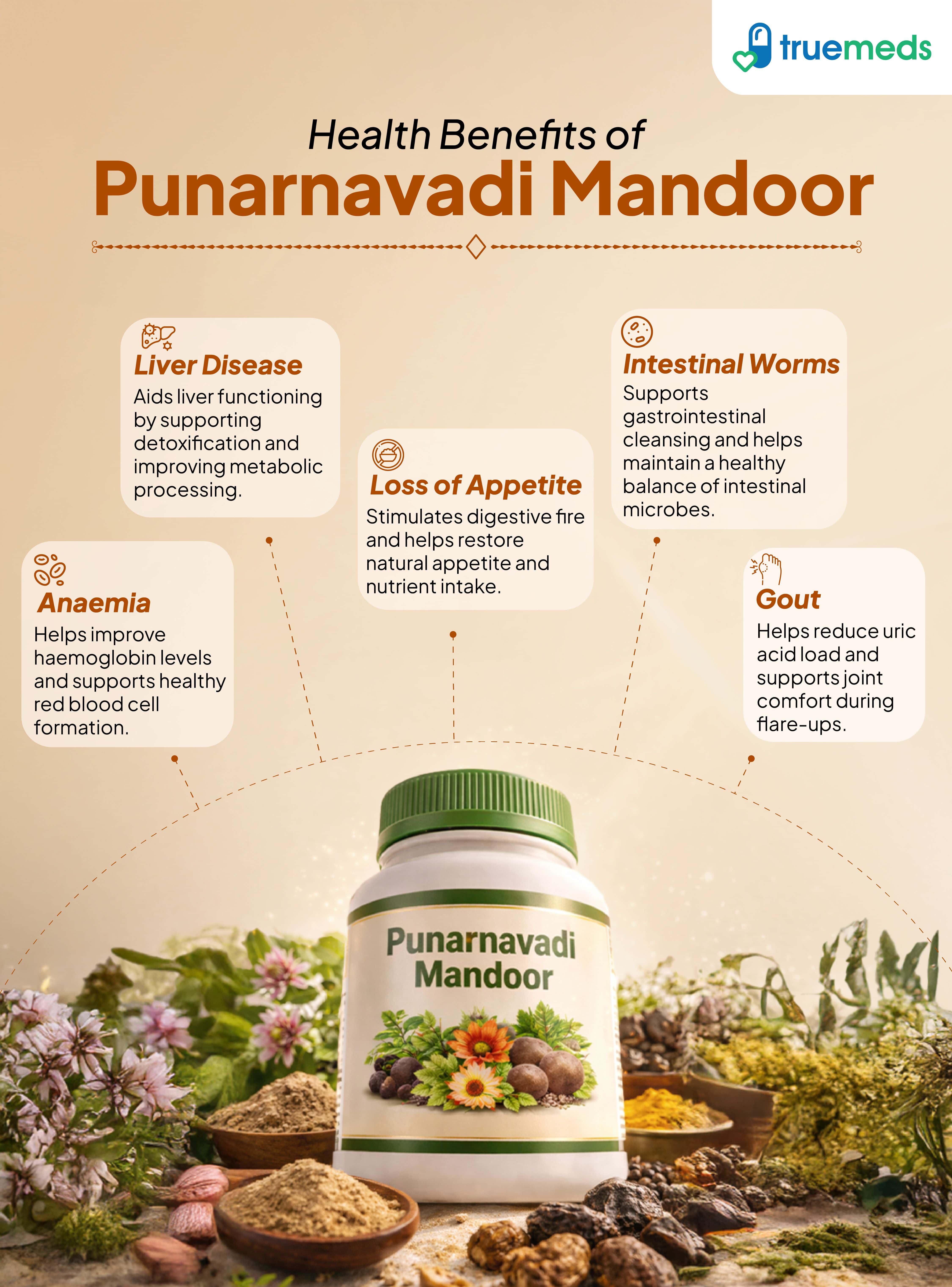 An infographic highlighting punarnavadi mandoor benefits for liver appetite anaemia gout support