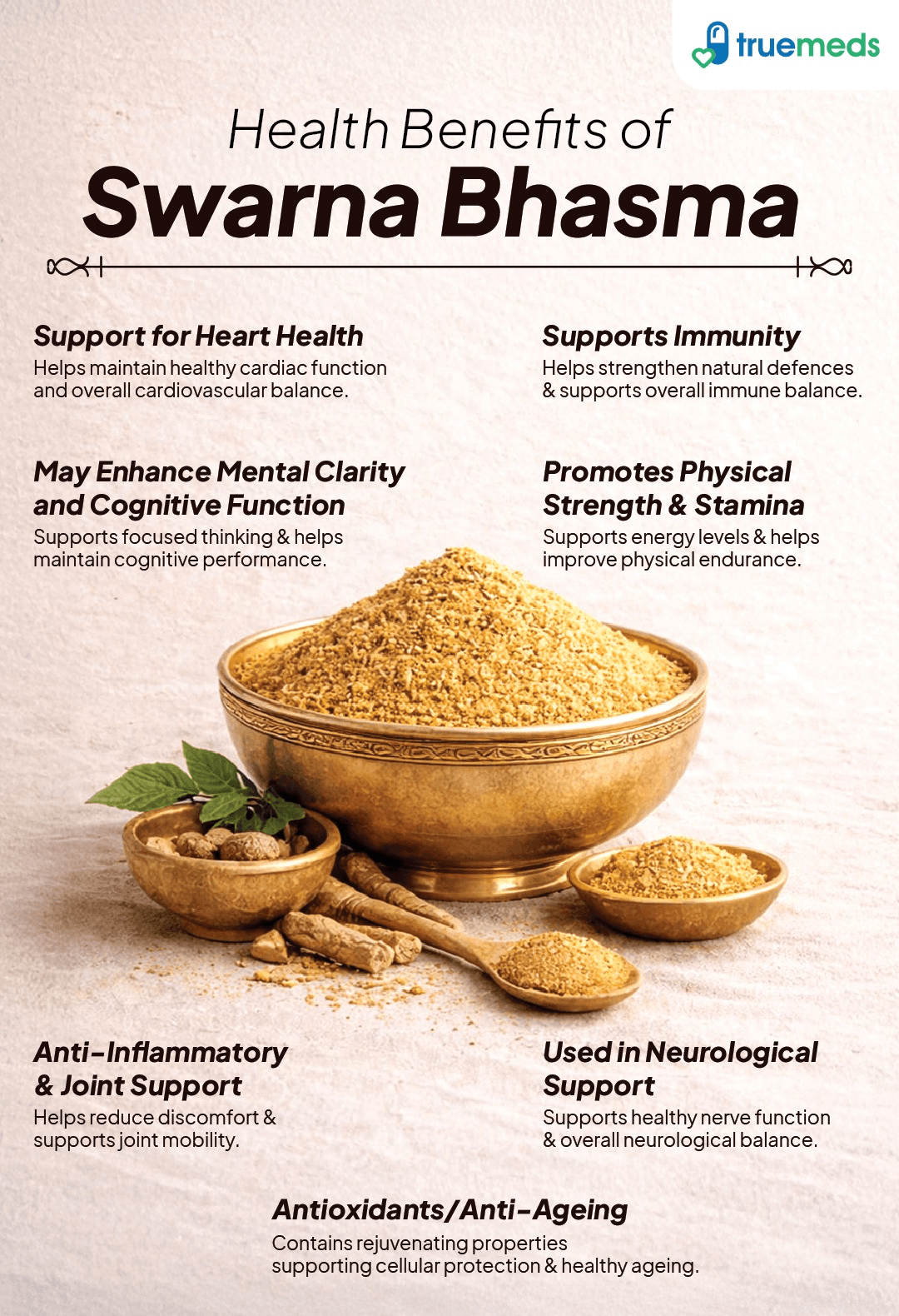 An infographic showing Swarna Bhasma benefits for immunity, heart health, strength and cognition.