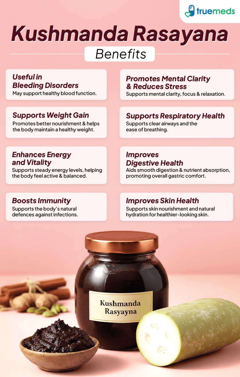 An infographic highlighting Kushmanda Rasayana benefits like immunity, digestion, energy, skin health and stress relief