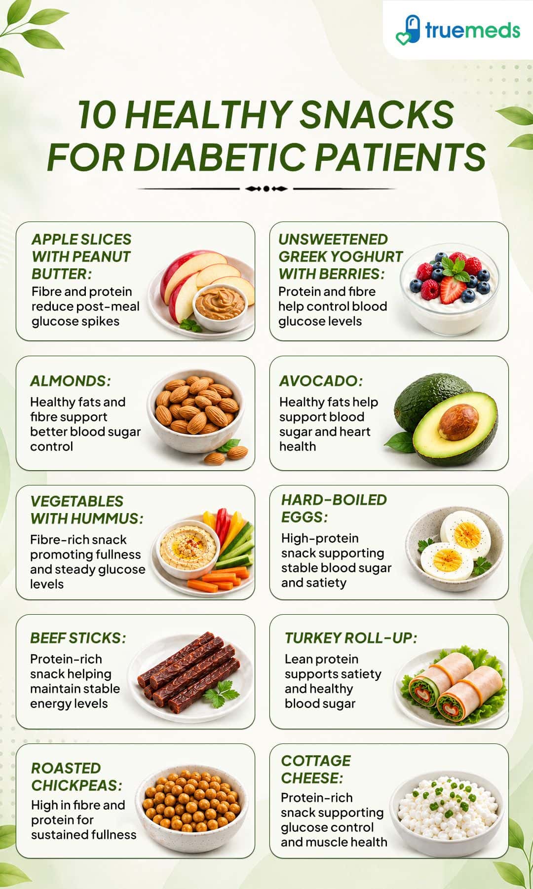 0 healthy snacks for diabetic patients including almonds eggs Greek yoghurt chickpeas avocado vegetables and cottage cheese