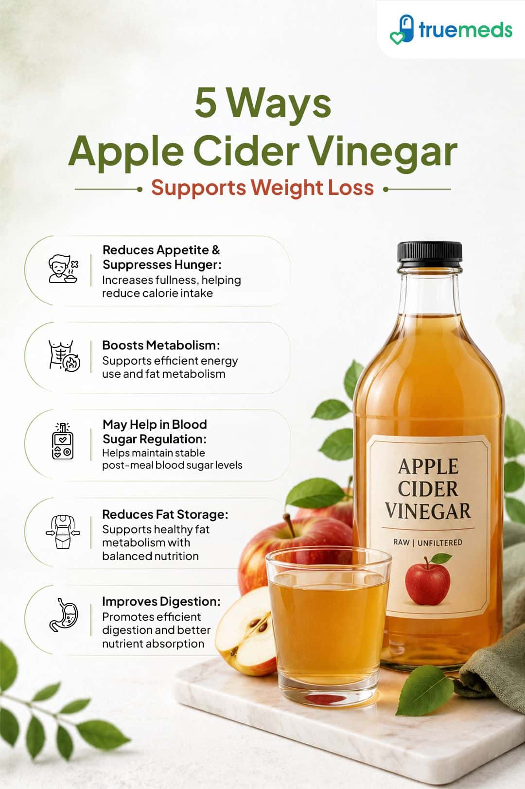 Apple cider vinegar for weight loss infographic showing five potential benefits including appetite and metabolism support.