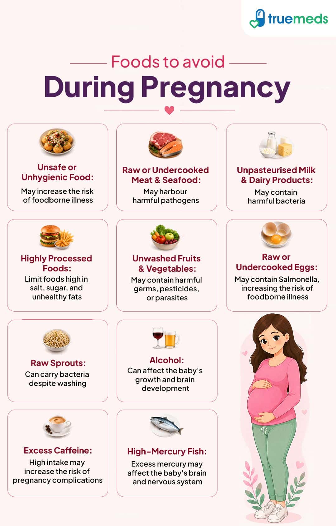Foods to avoid during pregnancy including raw meat eggs sprouts high mercury fish alcohol caffeine and unpasteurised dairy