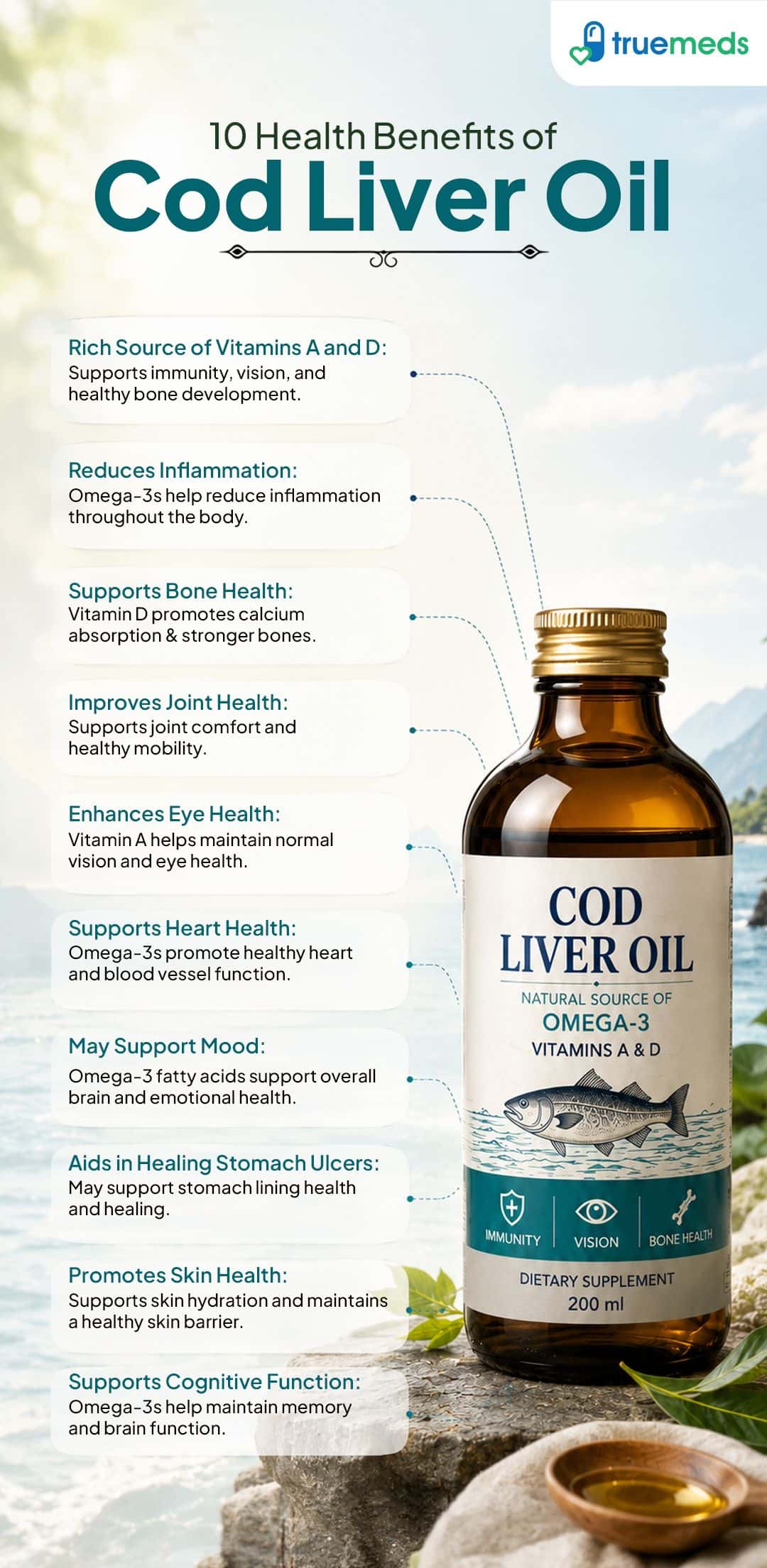 10 health benefits of cod liver oil including omega-3 vitamins A and D for heart bone joint eye skin and brain health