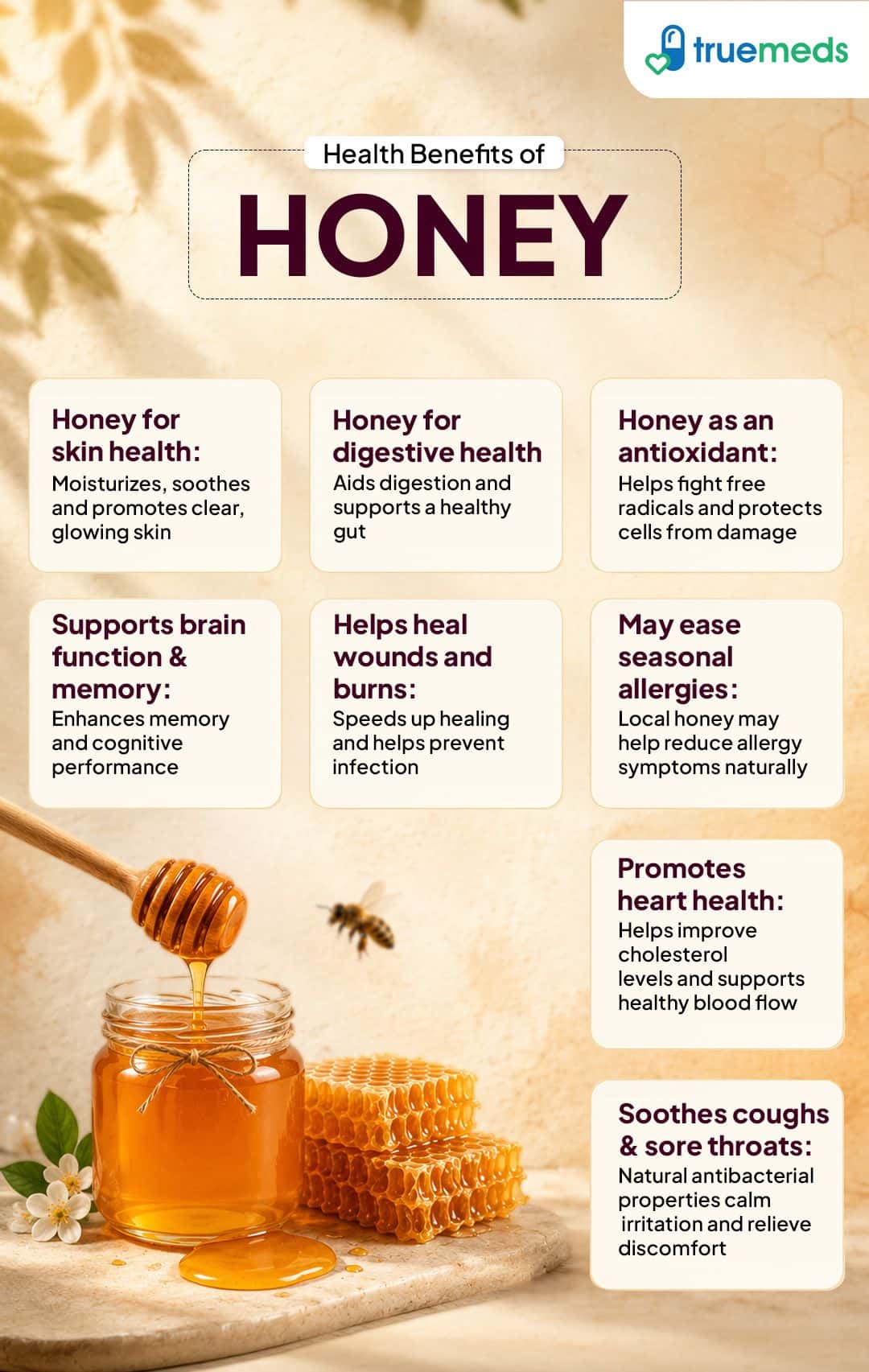 Health benefits of honey including digestive and skin health antioxidant properties wound healing heart health and soothing coughs and sore throats.