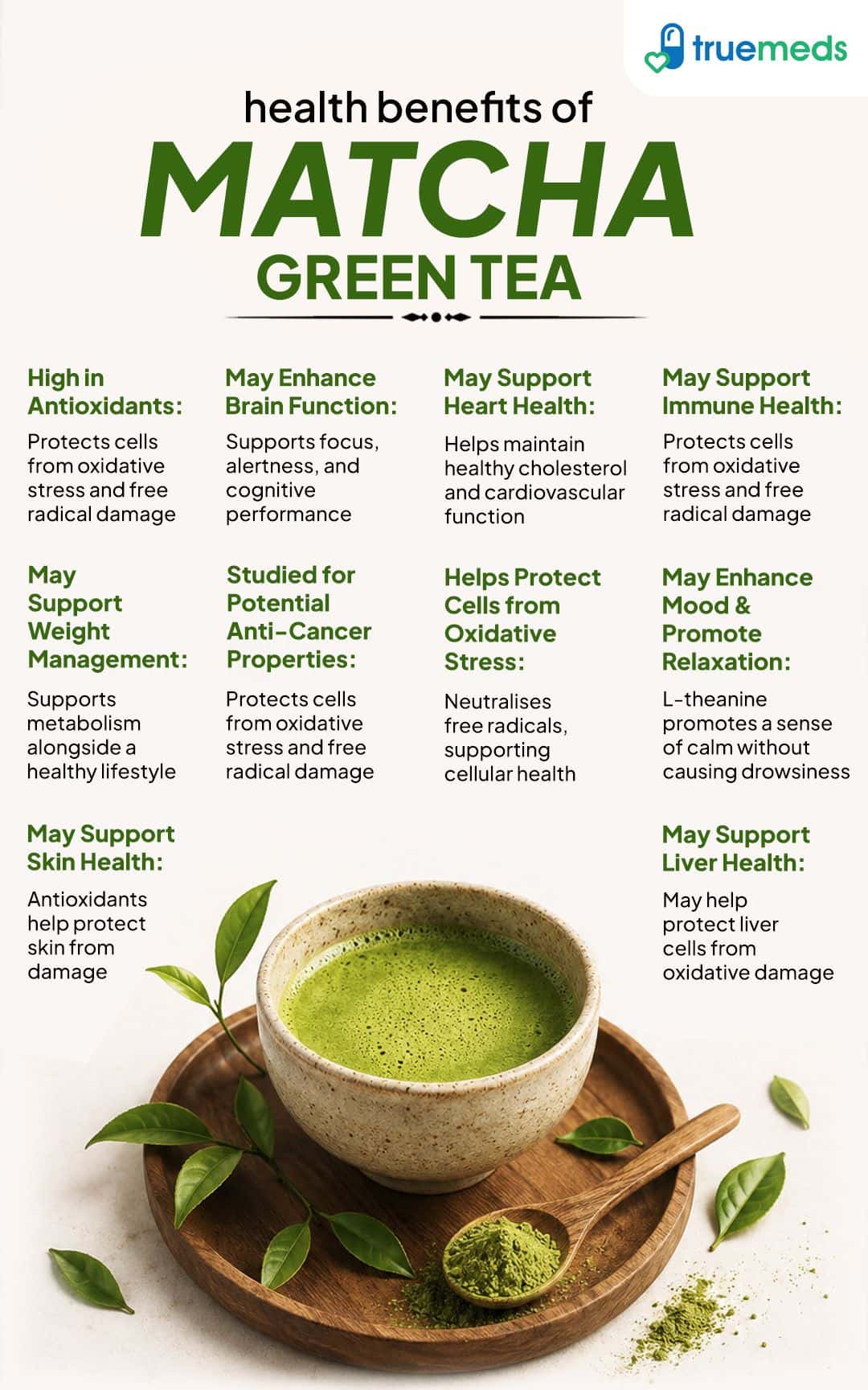 Health benefits of matcha green tea including antioxidants, brain function, heart health, weight management, immunity and skin health
