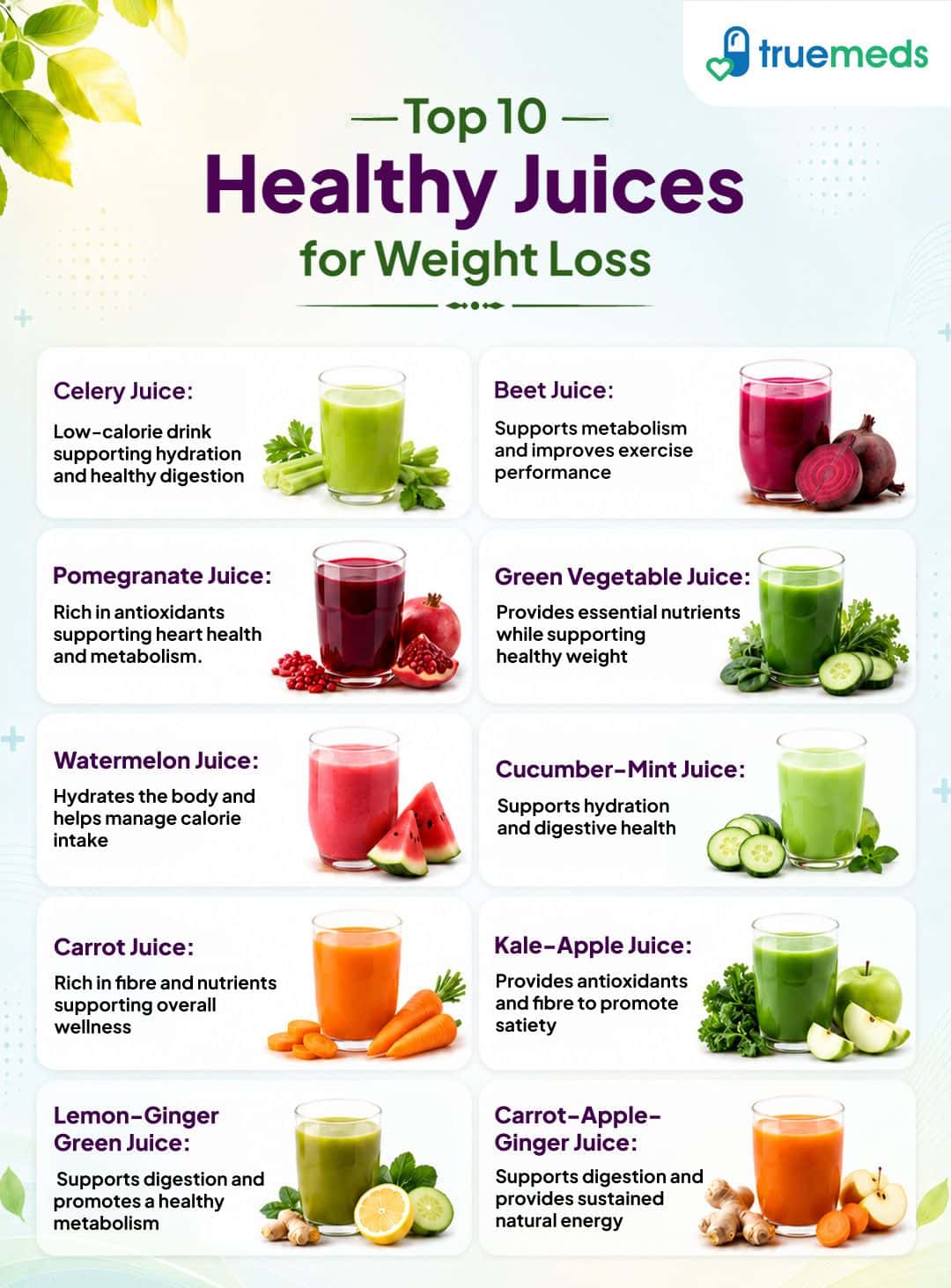 Top 10 healthy juices for weight loss including celery beet pomegranate watermelon carrot and green vegetable juices