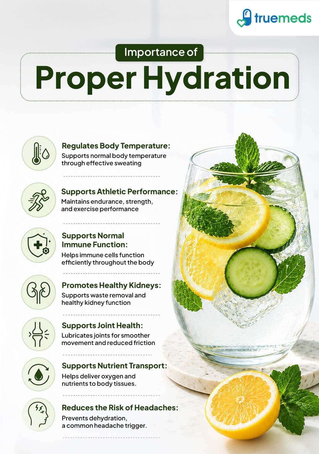 Importance of proper hydration for body temperature kidney health joint function athletic performance and preventing dehydration headaches
