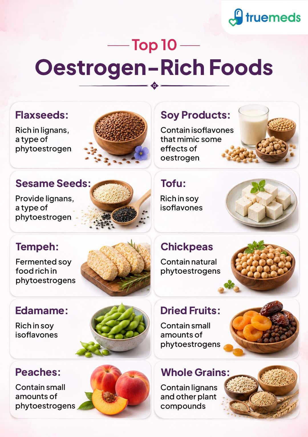 Top 10 oestrogen rich foods including flaxseeds soy tofu chickpeas sesame seeds and whole grains