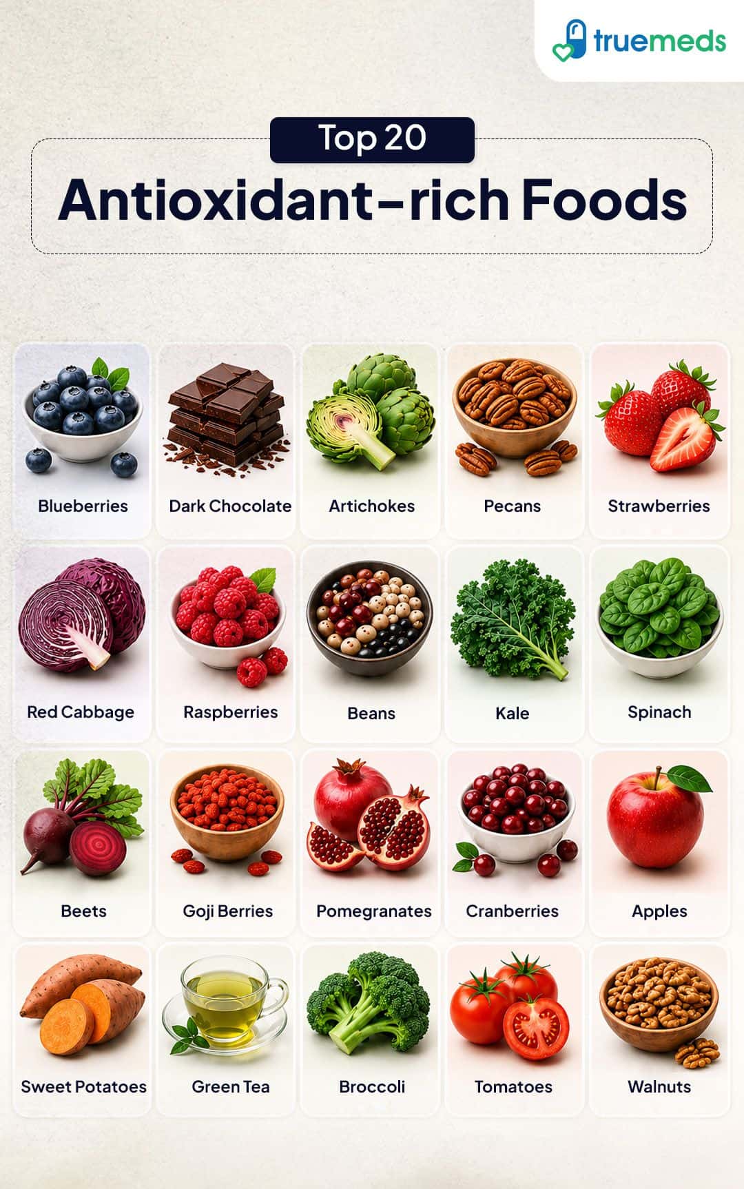 Top 20 antioxidant rich foods infographic with fruits vegetables nuts and berries.