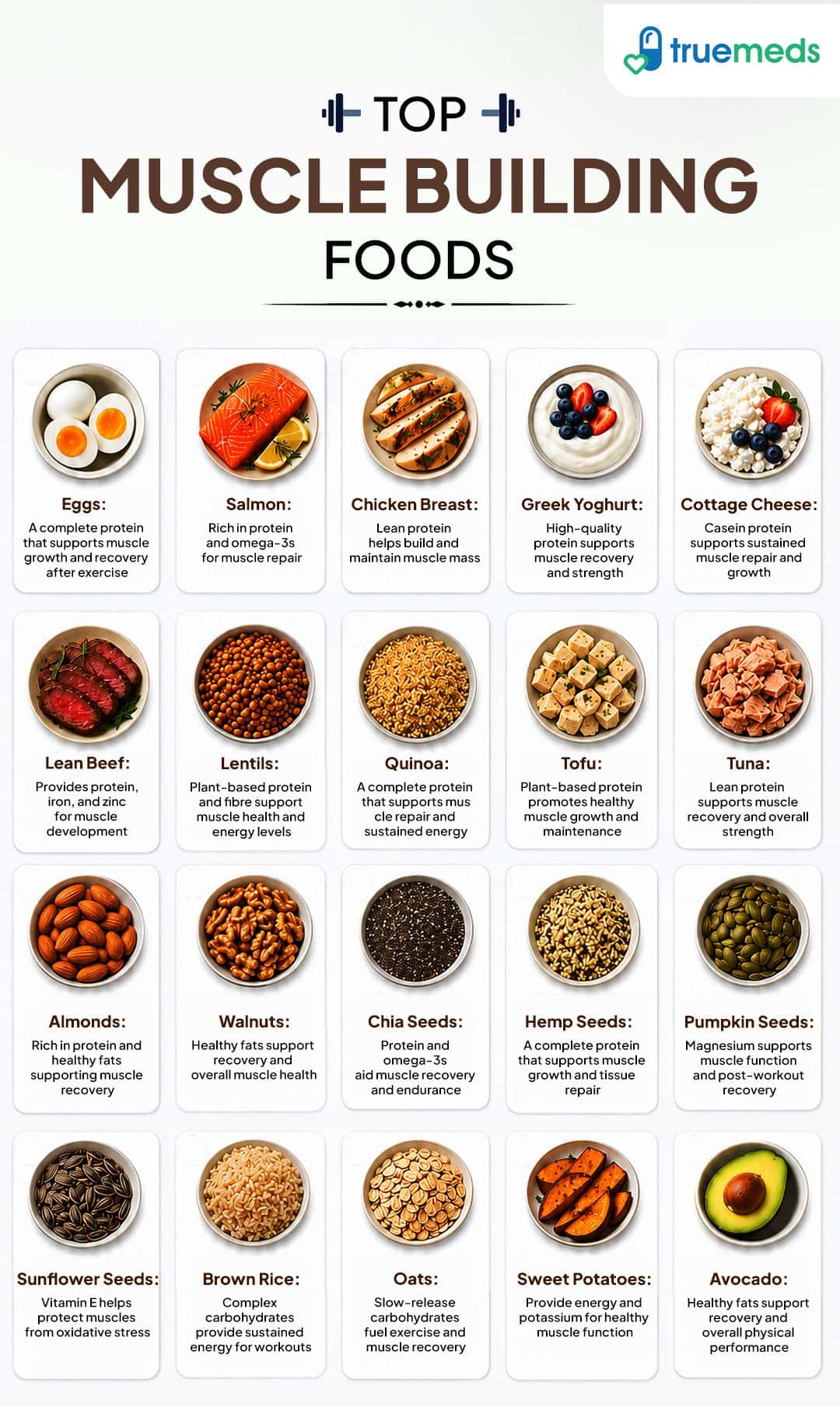 Top muscle building foods including eggs chicken fish dairy lentils tofu seeds nuts oats and other protein-rich foods