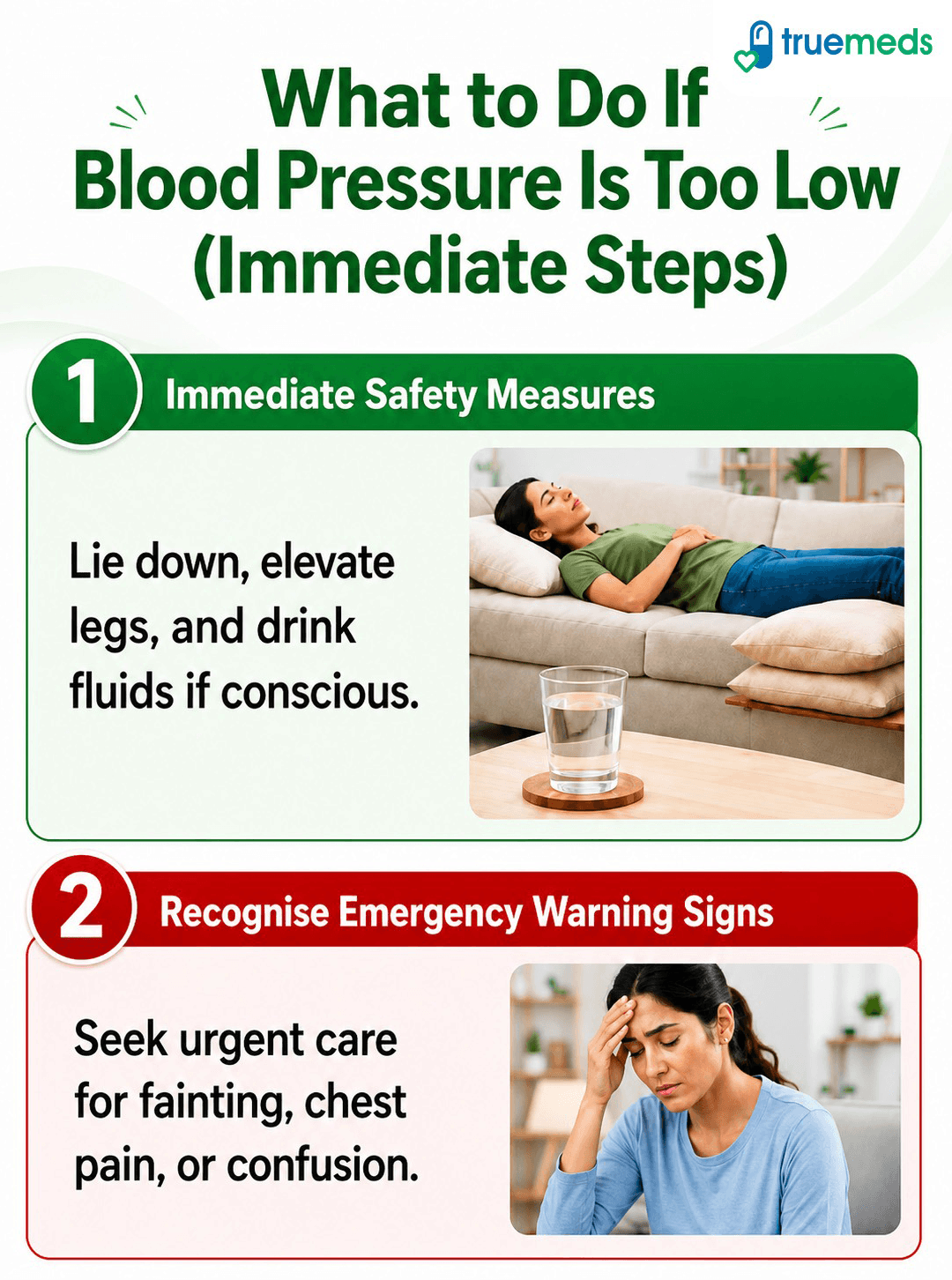 What to do if blood pressure is too low including immediate steps and emergency warning signs for low BP
