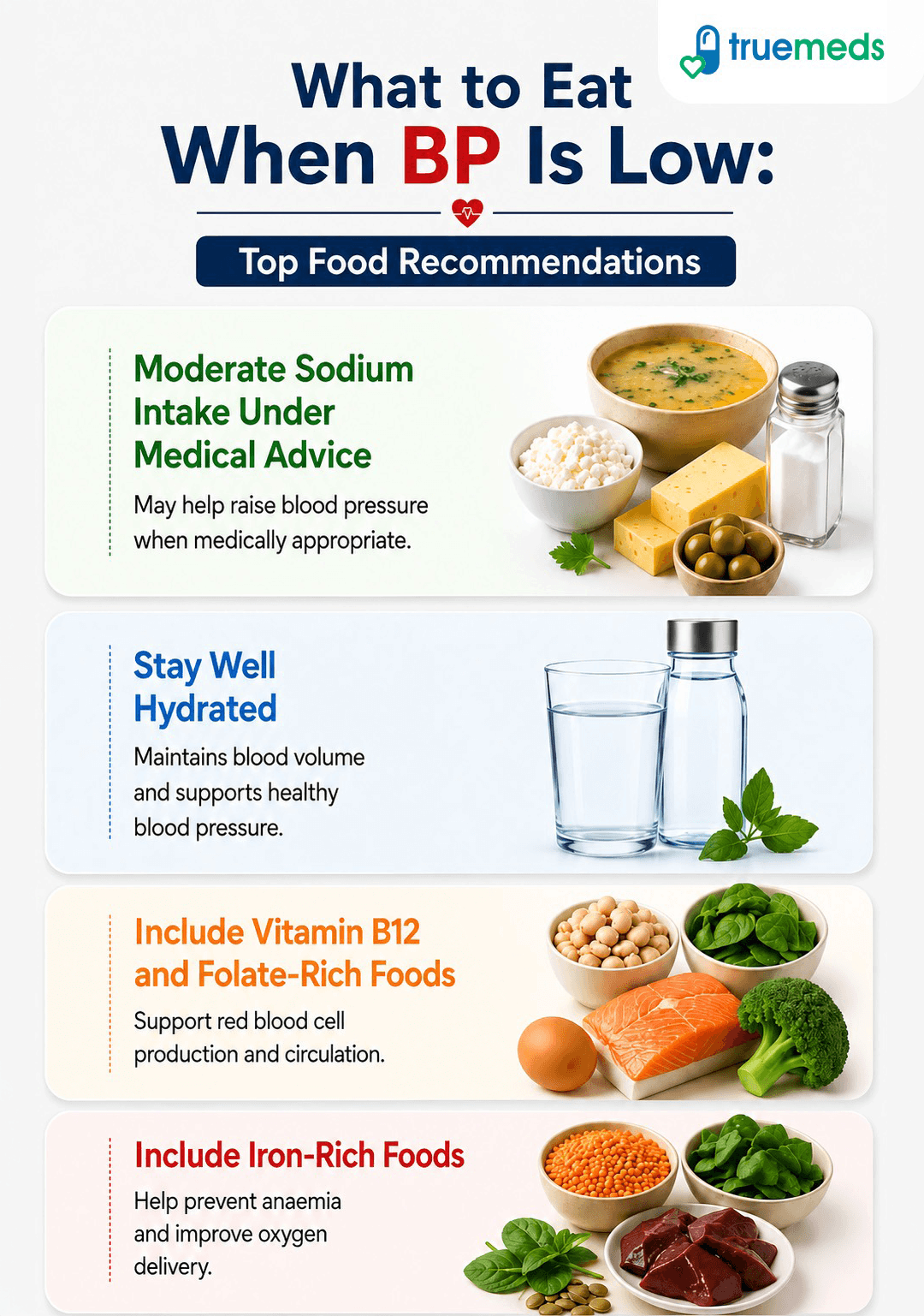 What to eat when blood pressure is low including fluids sodium vitamin B12 folate and iron-rich foods for low BP management