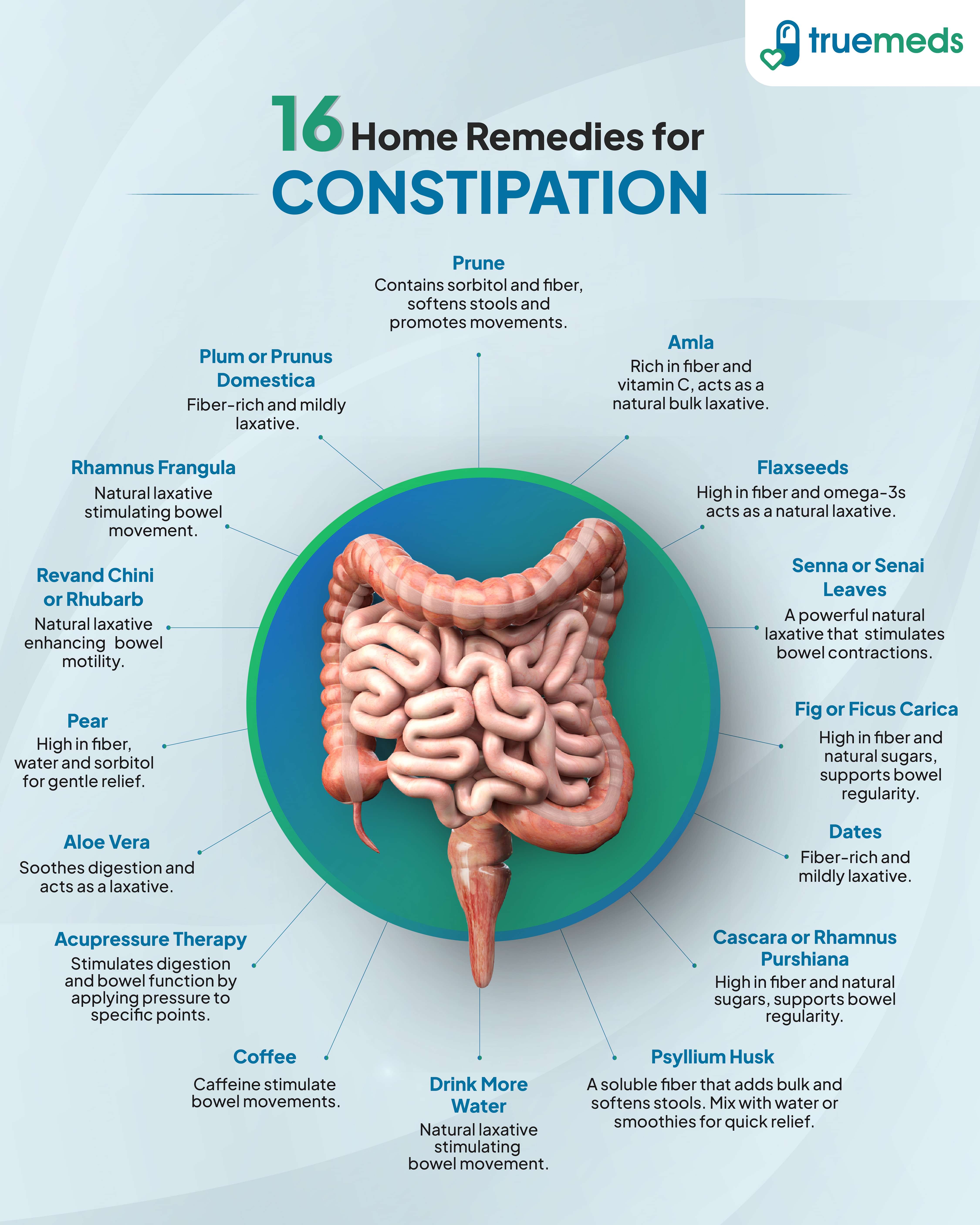 sixteen home remedies for constipation infographic